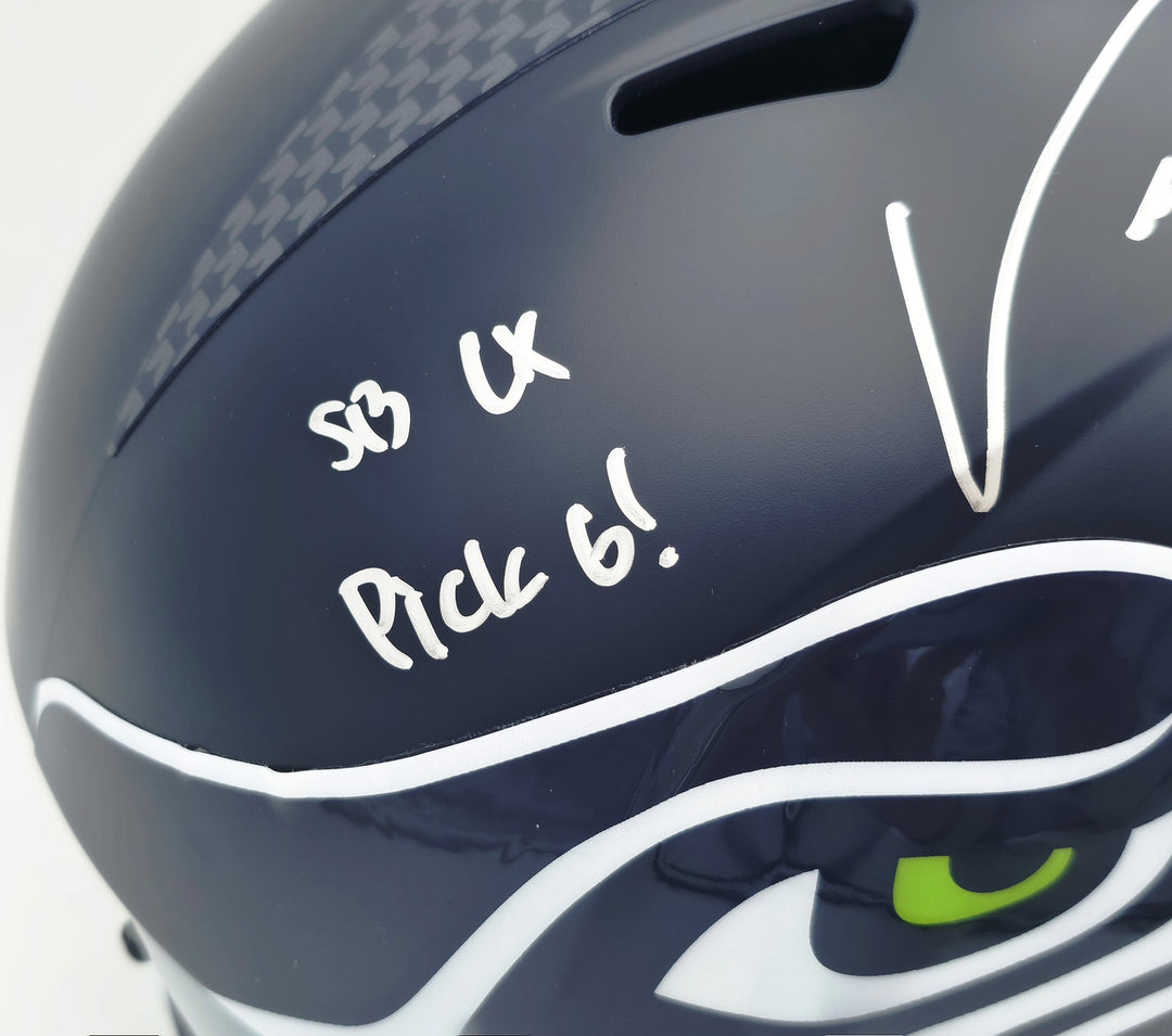 Uchenna Nwosu Signed Seahawks Blue Full Size SB LX Champions Logo Speed Replica