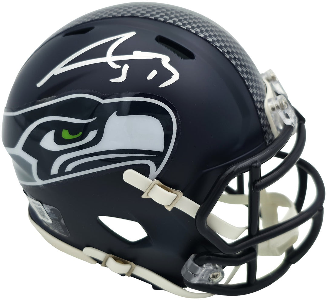 AJ Barner Auto Seahawks Blue SB LX Champions Logo Speed Mini Helmet Beckett Wit
