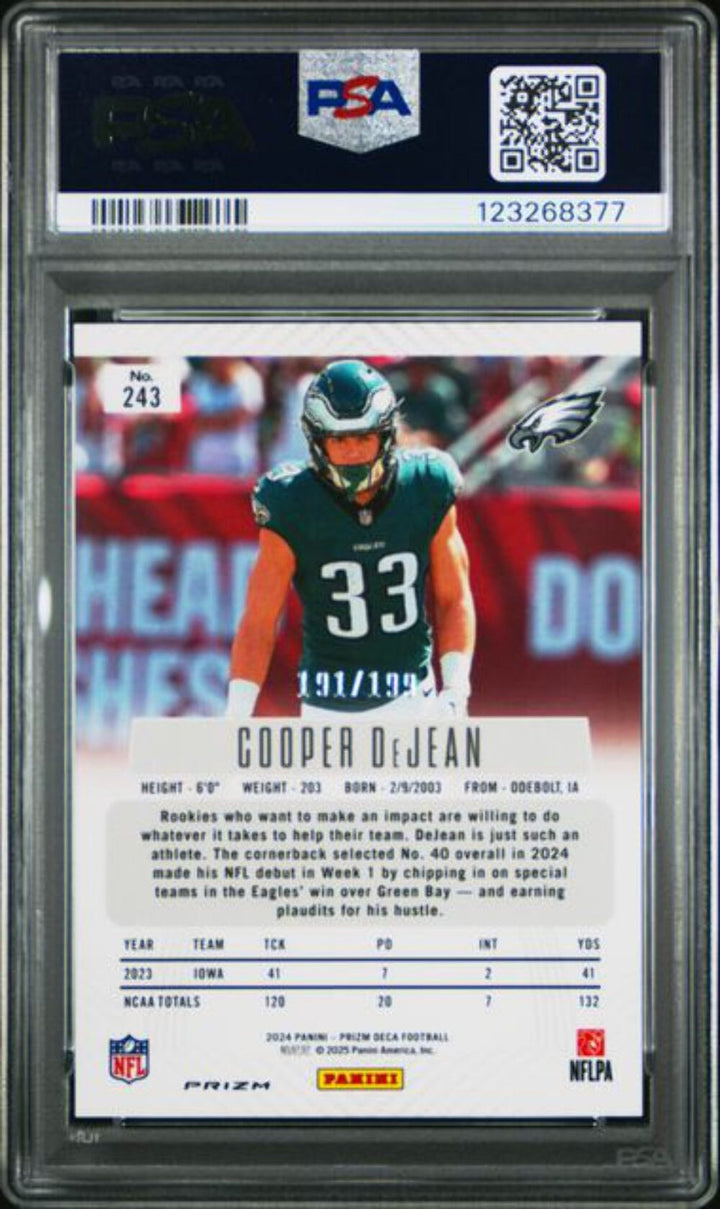 Graded 2024 Panini Prizm Deca Cooper DeJean #243 /199 Rookie RC Card PSA 9