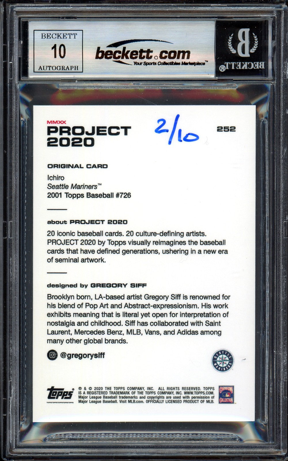 Ichiro Suzuki Auto Topps Project 2020 Gregory Siff Card 252 Auto 10 #/10 Beckett