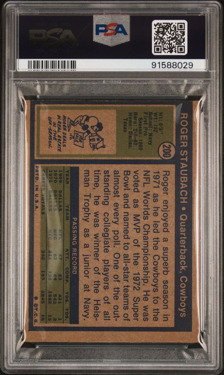 ROGER STAUBACH SIGNED 1972 TOPPS #200 ROOKIE CARD RC PSA/DNA AUTO 10