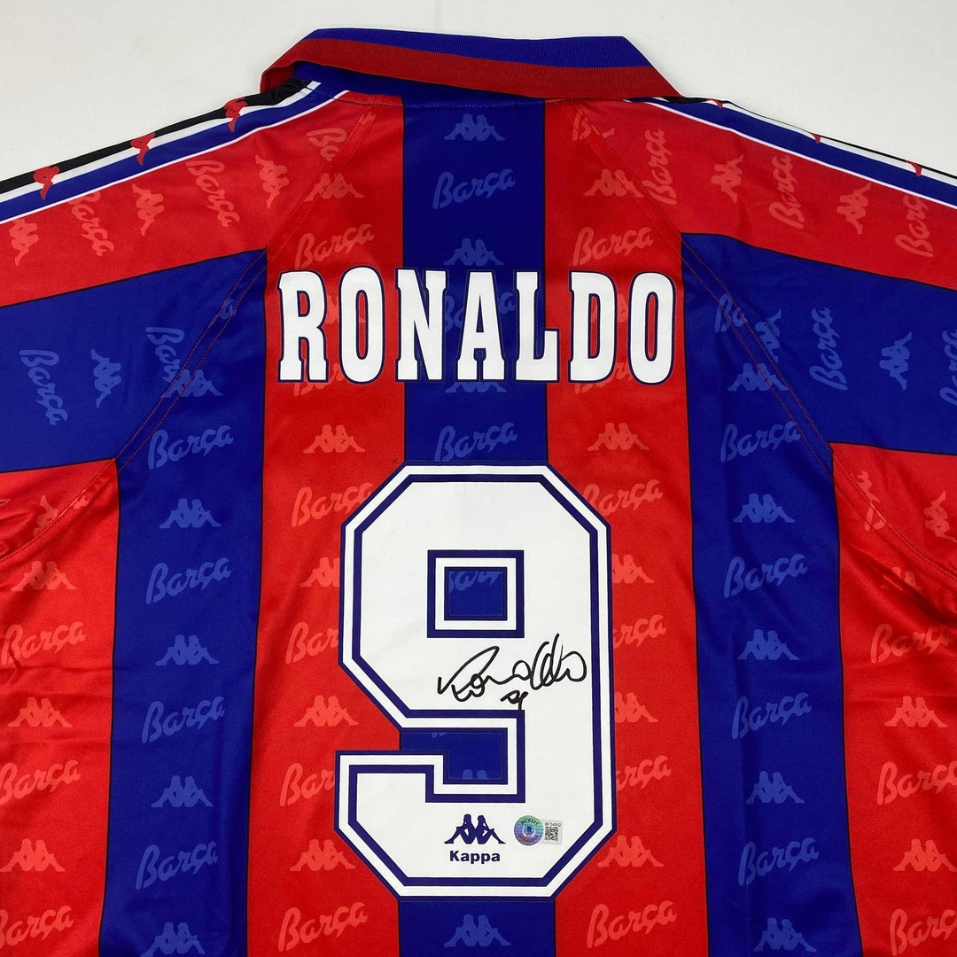 Autographed/Signed Ronaldo Nazario FC Barcelona Red/Blue Jersey Beckett COA