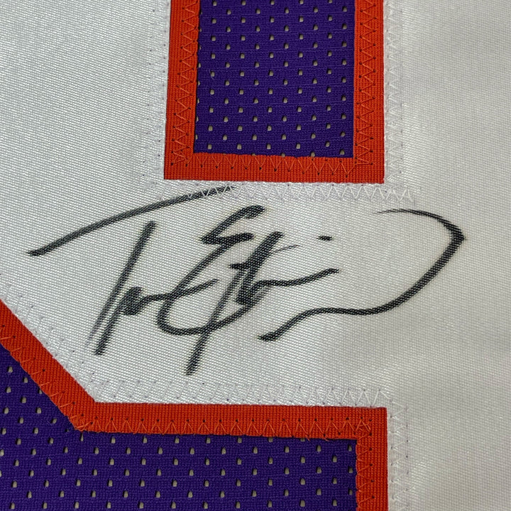 FRAMED Autographed/Signed TRAVIS ETIENNE JR 33x42 Clemson Purple Jersey JSA COA