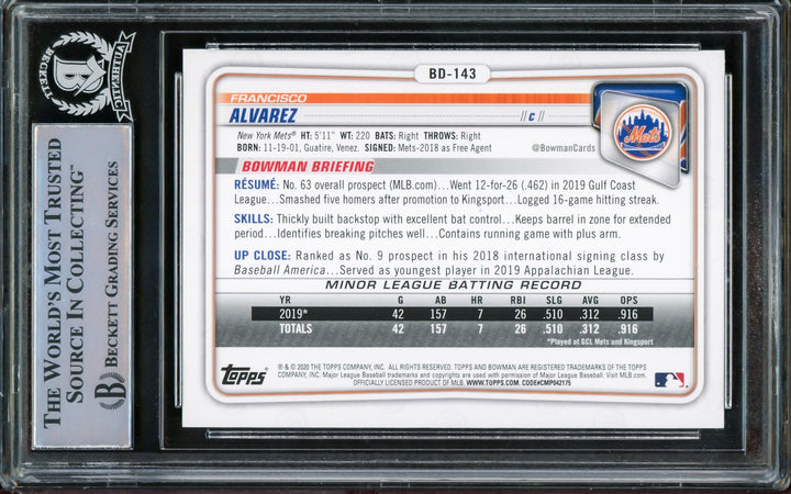 Francisco Alvarez Signed 2020 Bowman Draft RC BD-143 New York Mets Beckett