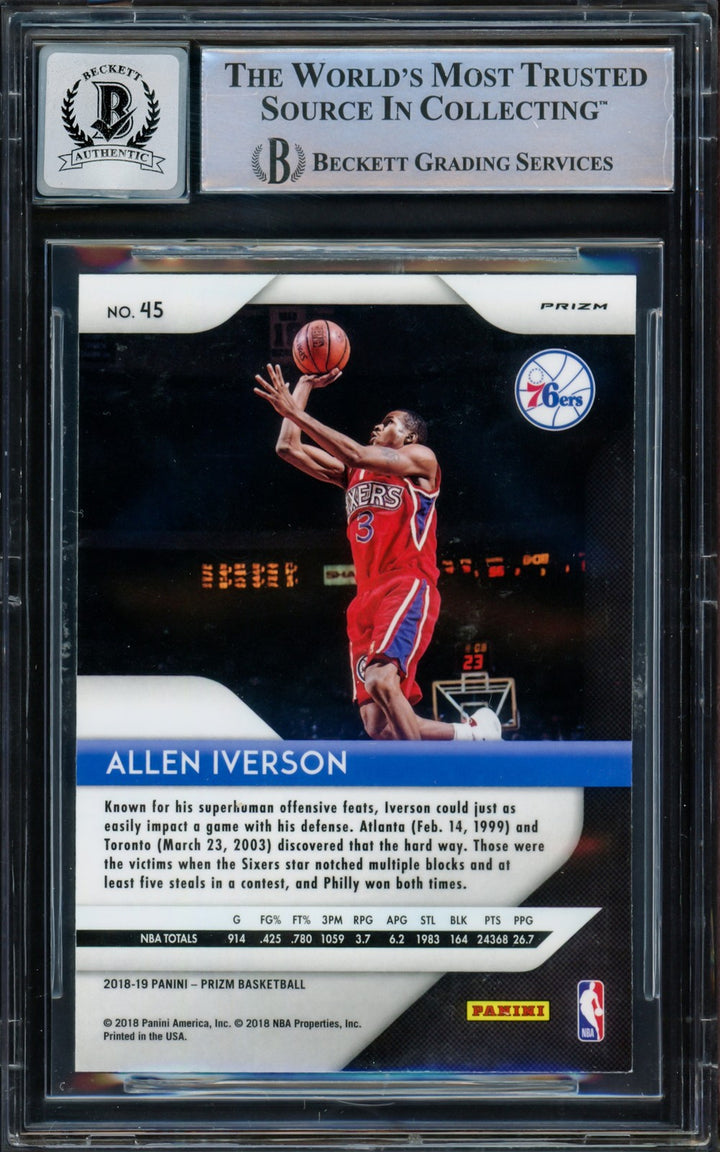 Allen Iverson Auto 2018-19 Panini Prizm Silver Card 45 76ers Sig 10 Beckett Wit