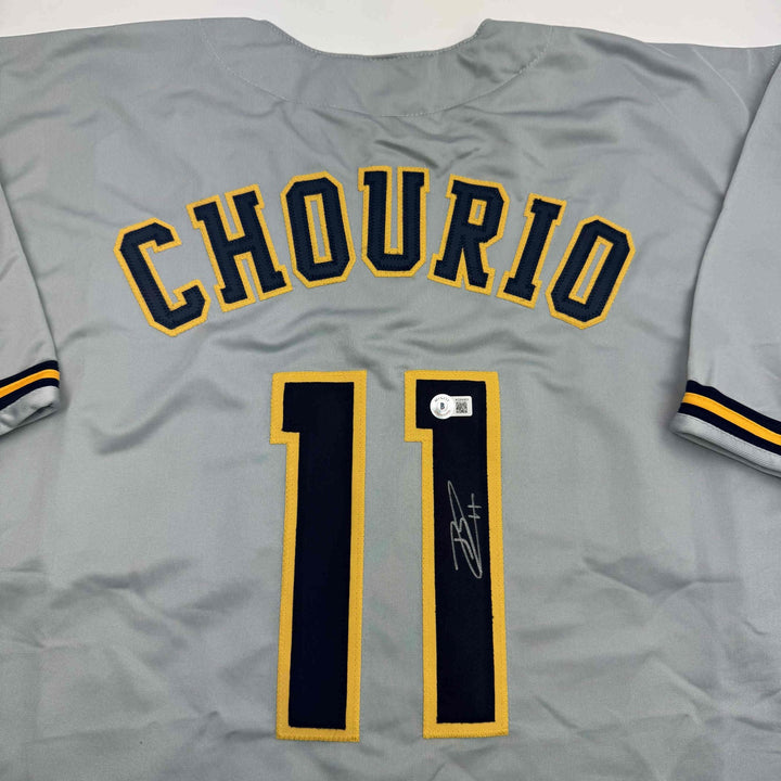 Autographed/Signed Jackson Chourio Milwaukee Grey Baseball Jersey Beckett COA