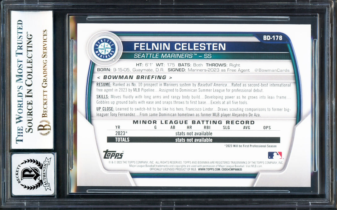 Felnin Celesten Signed 2023 Bowman Draft RC BD178 Mariners Auto GM 10 Beckett