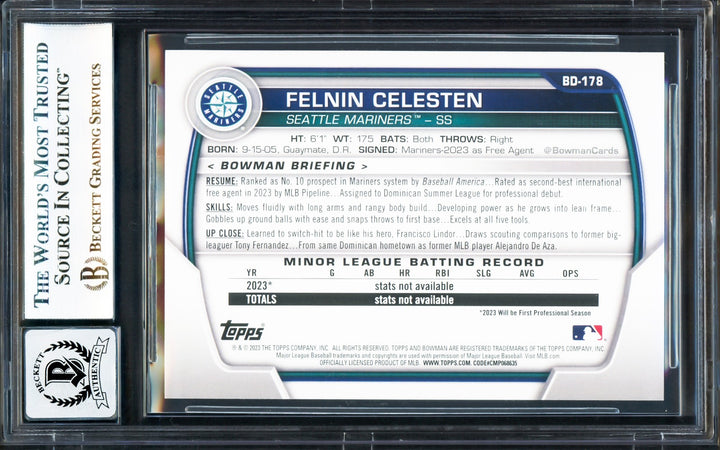 Felnin Celesten Signed 2023 Bowman Draft RC BD178 Mariners Auto GM 10 Beckett