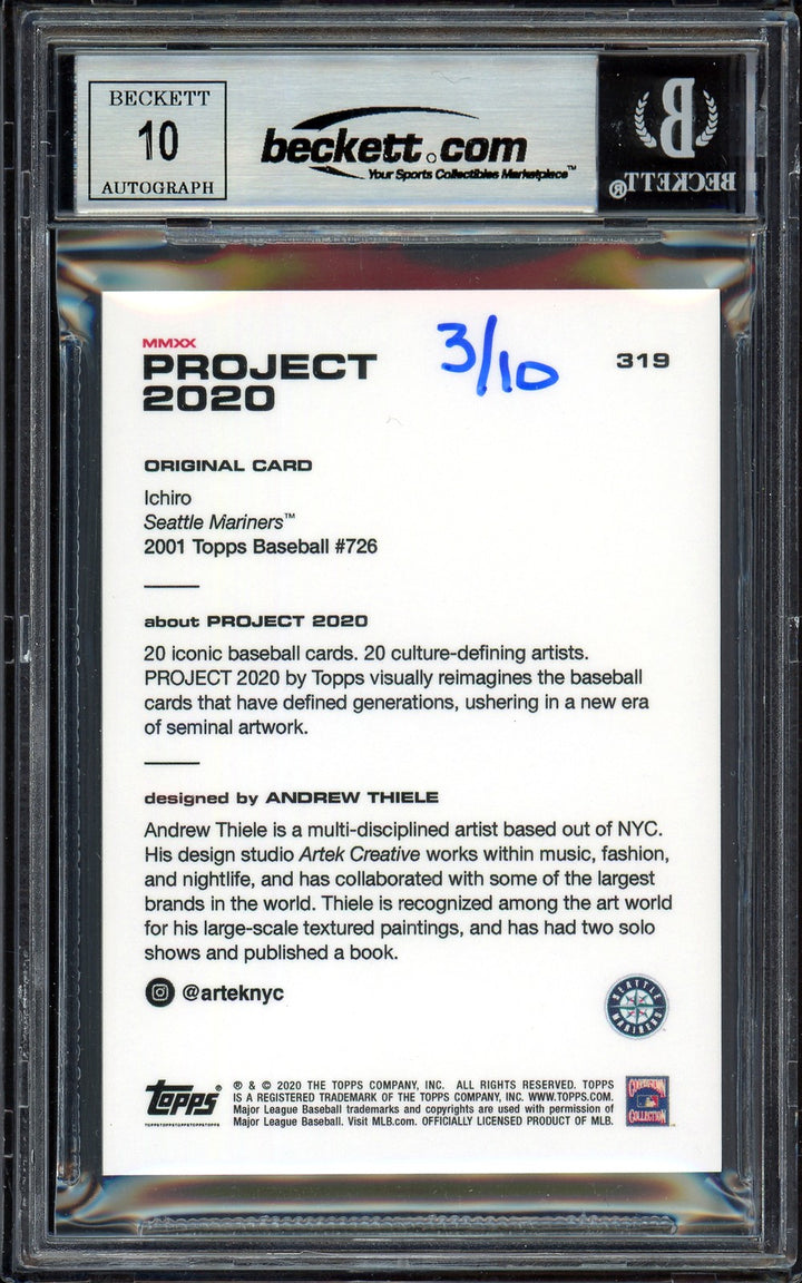 Ichiro Suzuki Auto Topps Project 2020 Andrew Thiele Card 319 Sig 10 /10 BAS