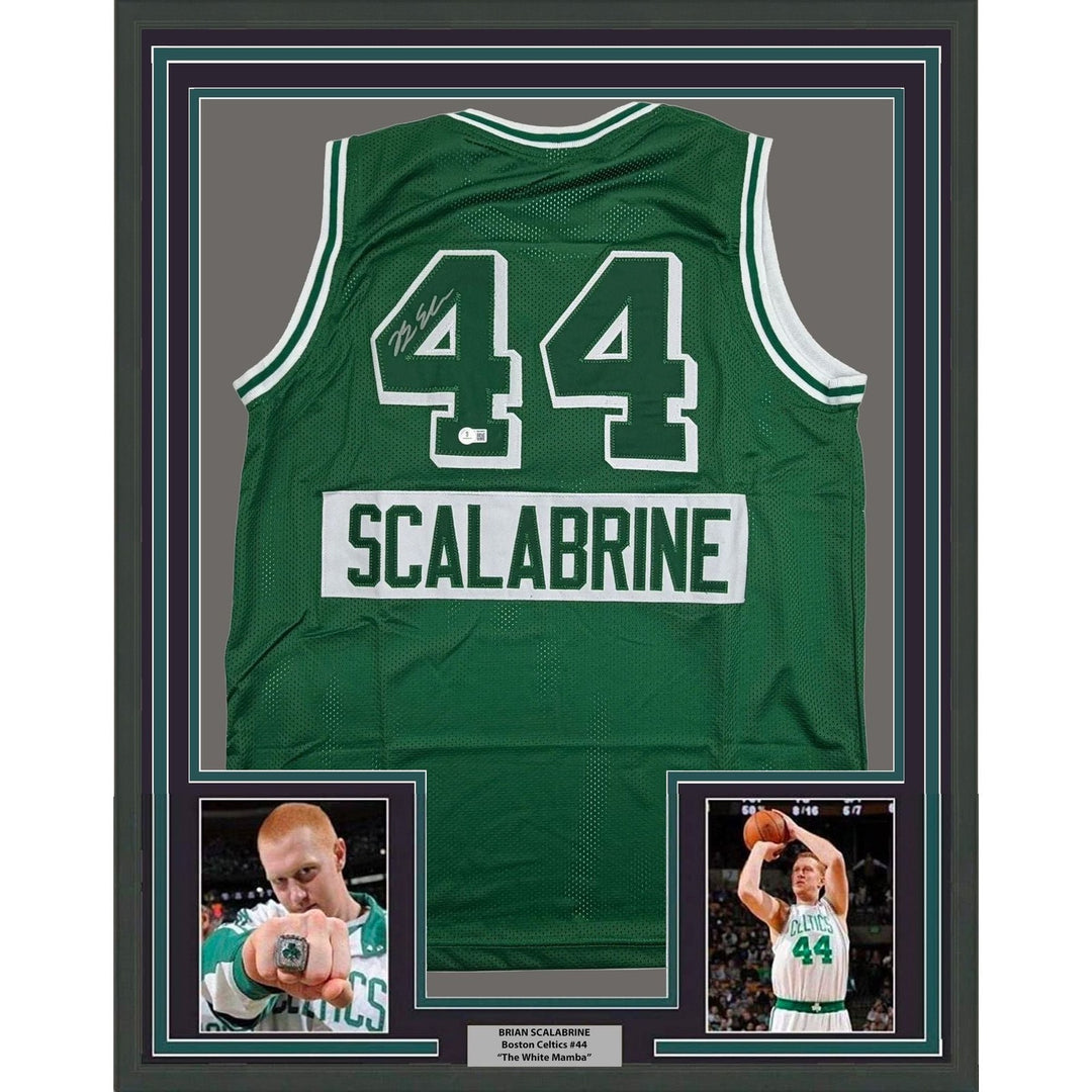 Framed Autographed/Signed Brian Scalabrine 35x39 Boston CE Jersey BAS COA
