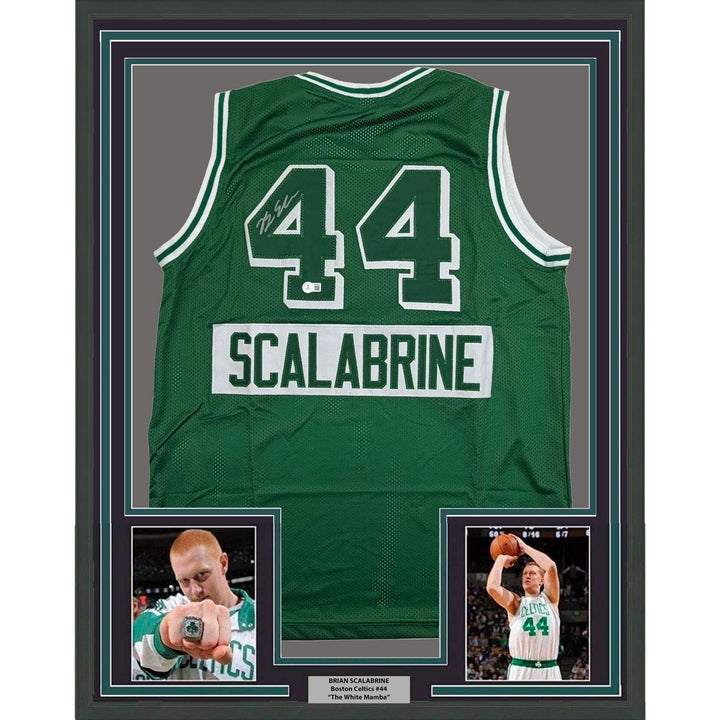 Framed Autographed/Signed Brian Scalabrine 35x39 Boston CE Jersey BAS COA