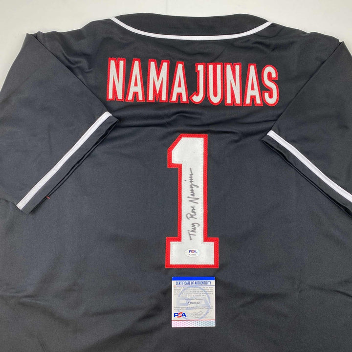 Autographed/Signed Thug Rose Namajunas UFC MMA Black Jersey Shirt PSA COA