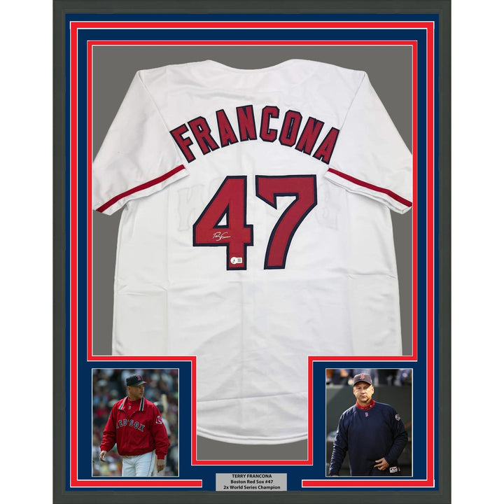 Framed Autographed/Signed Terry Francona 35x39 Boston White Jersey BAS COA