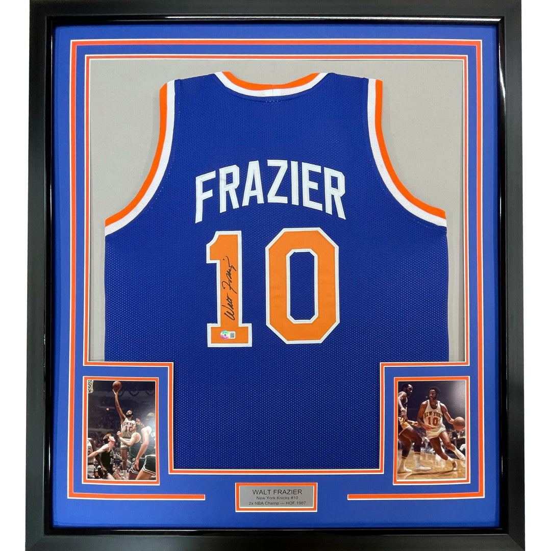 FRAMED Signed WALT FRAZIER 35x39 New York NY Blue Jersey PSA COA