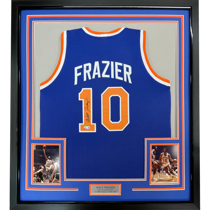 FRAMED Signed WALT FRAZIER 35x39 New York NY Blue Jersey PSA COA