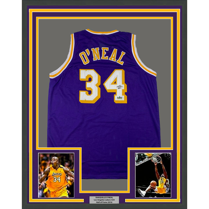 Framed Facsimile Autographed Shaquille O'Neal 33x42 Purple Reprint Laser Jersey