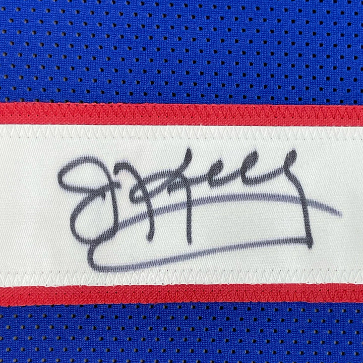 Framed Autographed/Signed Jim Kelly 35x39 Buffalo Blue Jersey JSA COA