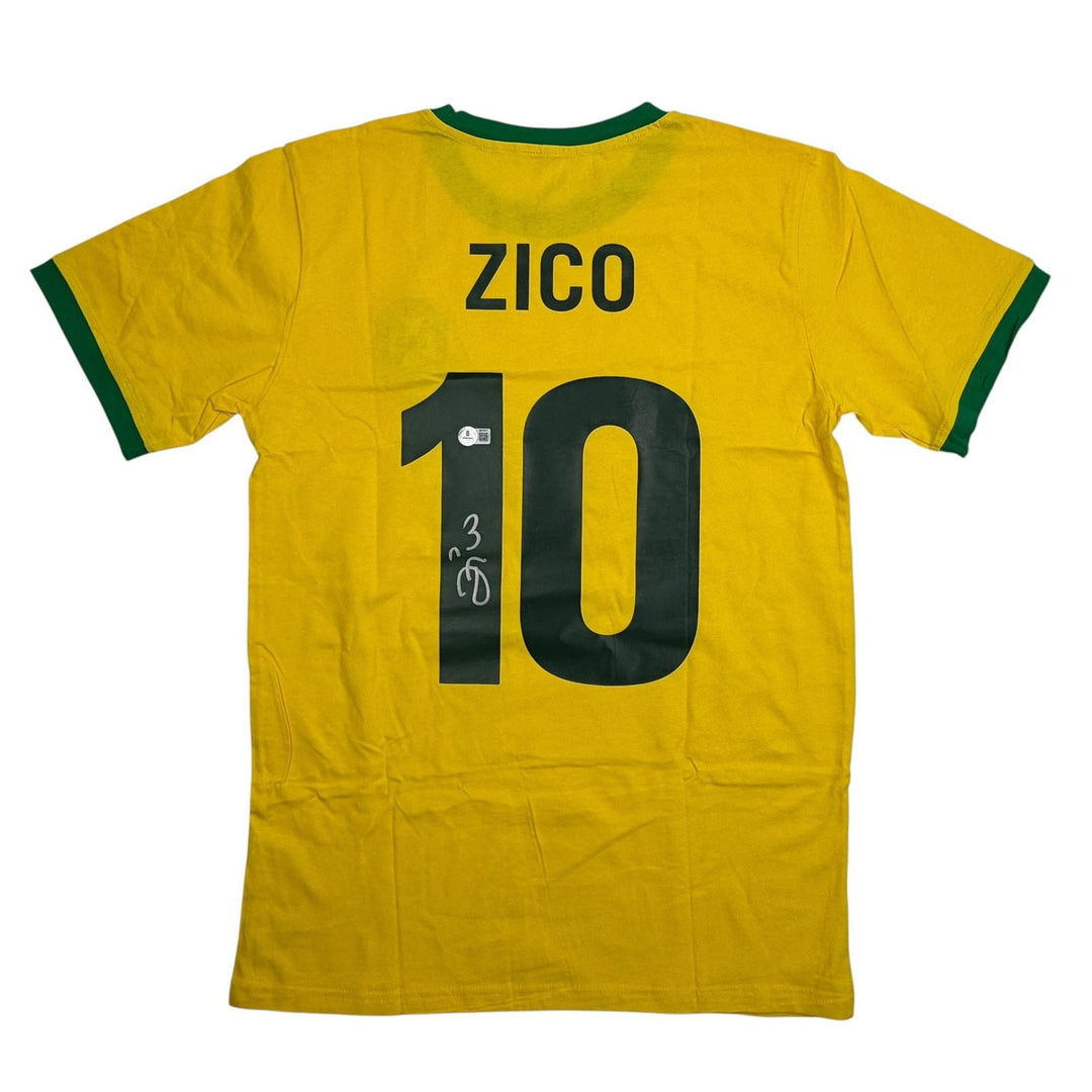 Autographed/Signed Zico Brazil Yellow Soccer Futbol Jersey Beckett BAS COA