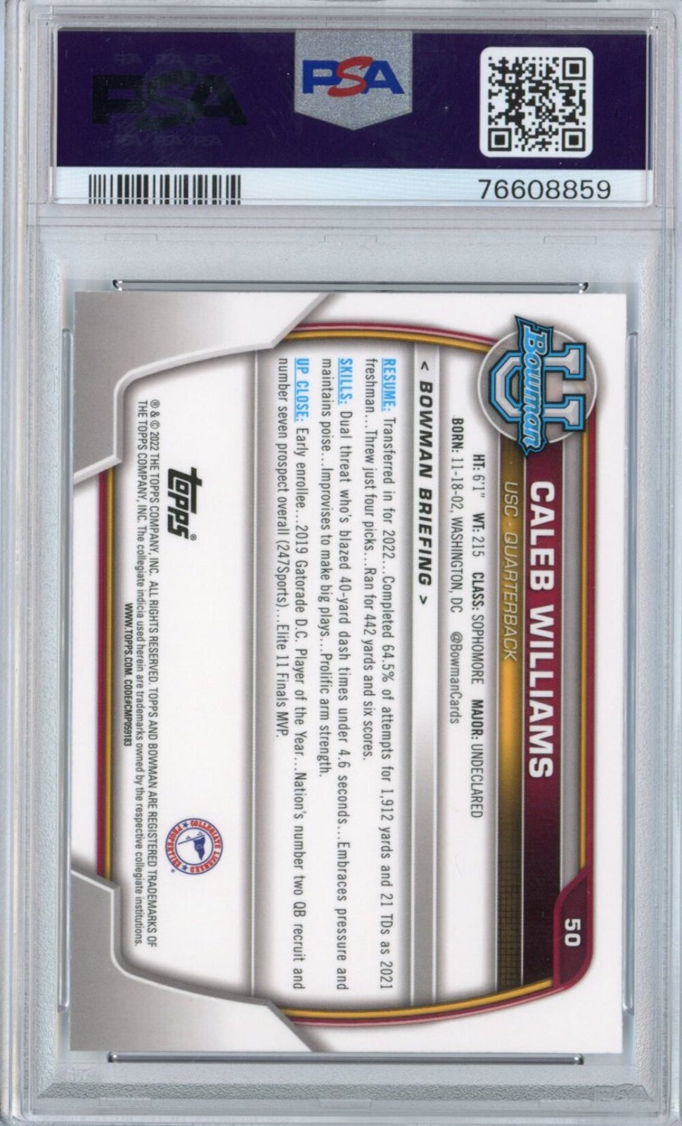 Graded 2022 Bowman University Caleb Williams #50 Chrome Rookie RC Card PSA 10