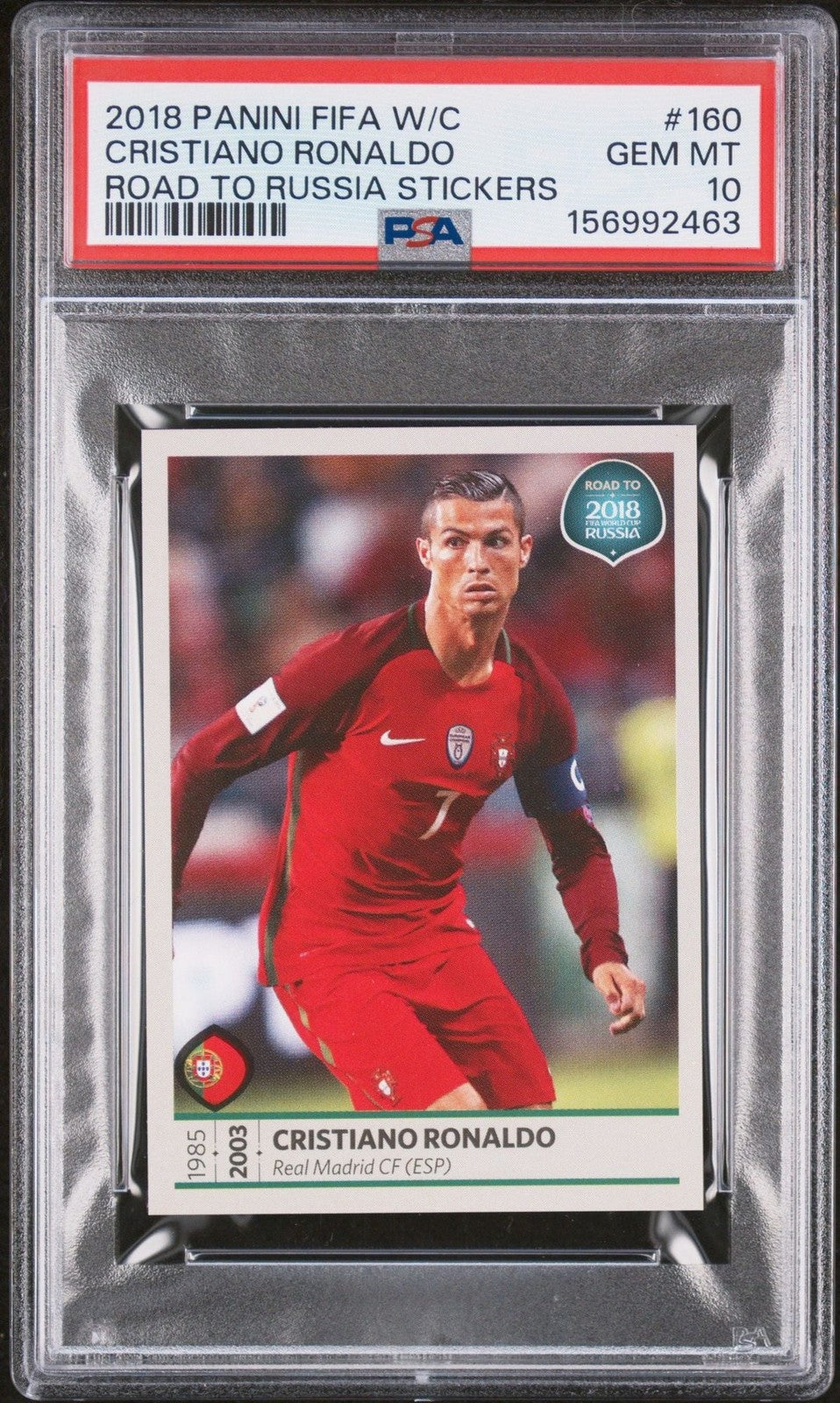 Graded 2018 Panini WC Cristiano Ronaldo #160 Portugal Stickers Card PSA 10