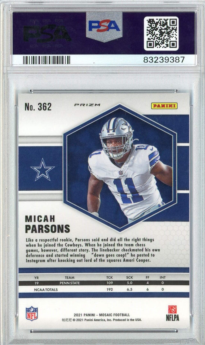 Graded 2021 Panini Mosaic Micah Parsons #362 Reactive Blue  Football Card PSA 10