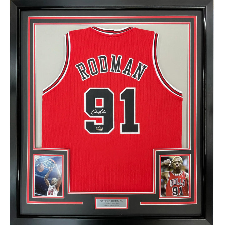 Framed Facsimile Autographed Dennis Rodman 33x42 Red Reprint Laser Auto Jersey