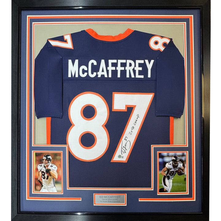 Framed Autographed/Signed Ed McCaffrey 35x39 2x SB Champs Blue Jersey COA