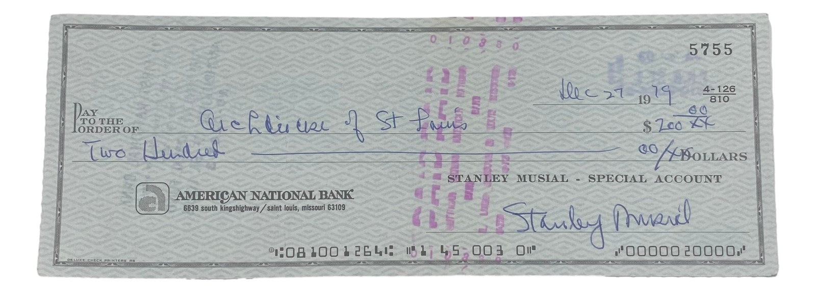 Stan Musial St. Louis Cardinals Signed Bank Check #5755 BAS ...