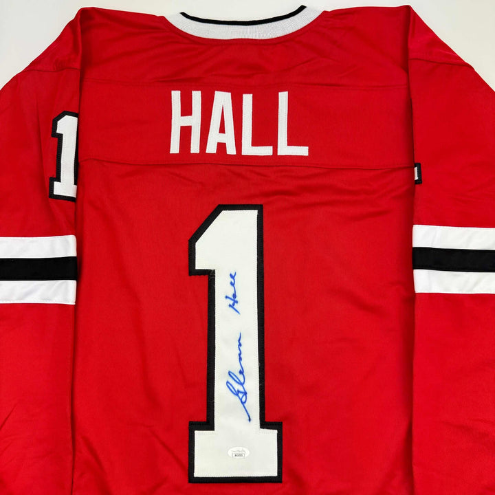 Autographed/Signed Glenn Hall Chicago Red Hockey Jersey JSA COA