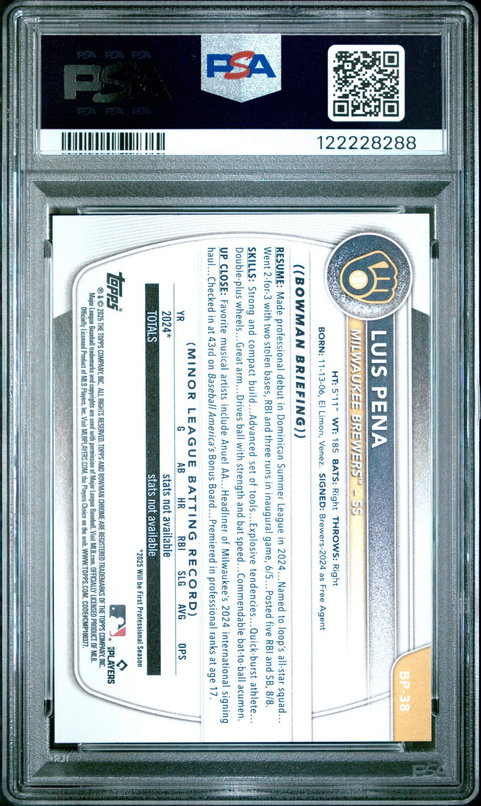 Graded 2025 Topps Bowman Luis Pena #BP38 Paper Prospects RC Card PSA 10
