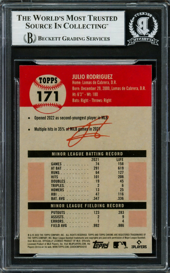 Julio Rodriguez Auto 2022 Topps Chrome Platinum Anniversary RC 171 Beckett