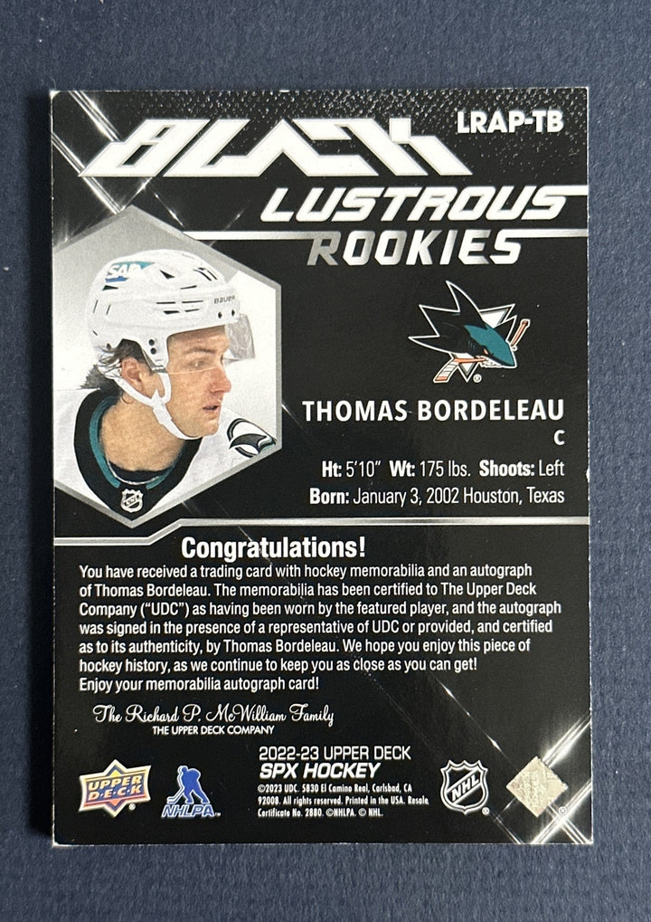 2022-23 UD Spx Black Lustrous Rookies 1/1 Patch AUTO Thomas Bordeleau Sharks