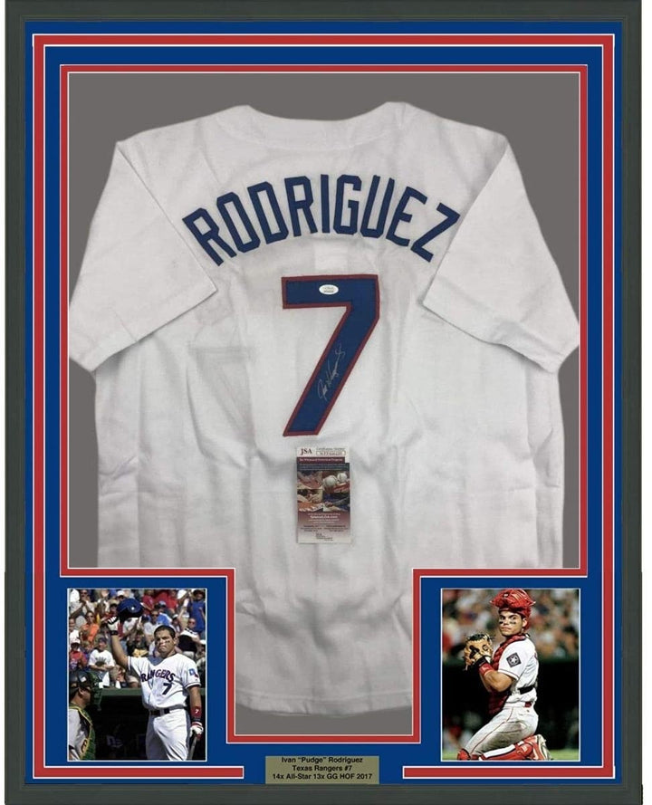 Framed Signed Ivan Pudge Rodriguez 35x39 Texas White Jersey JSA COA