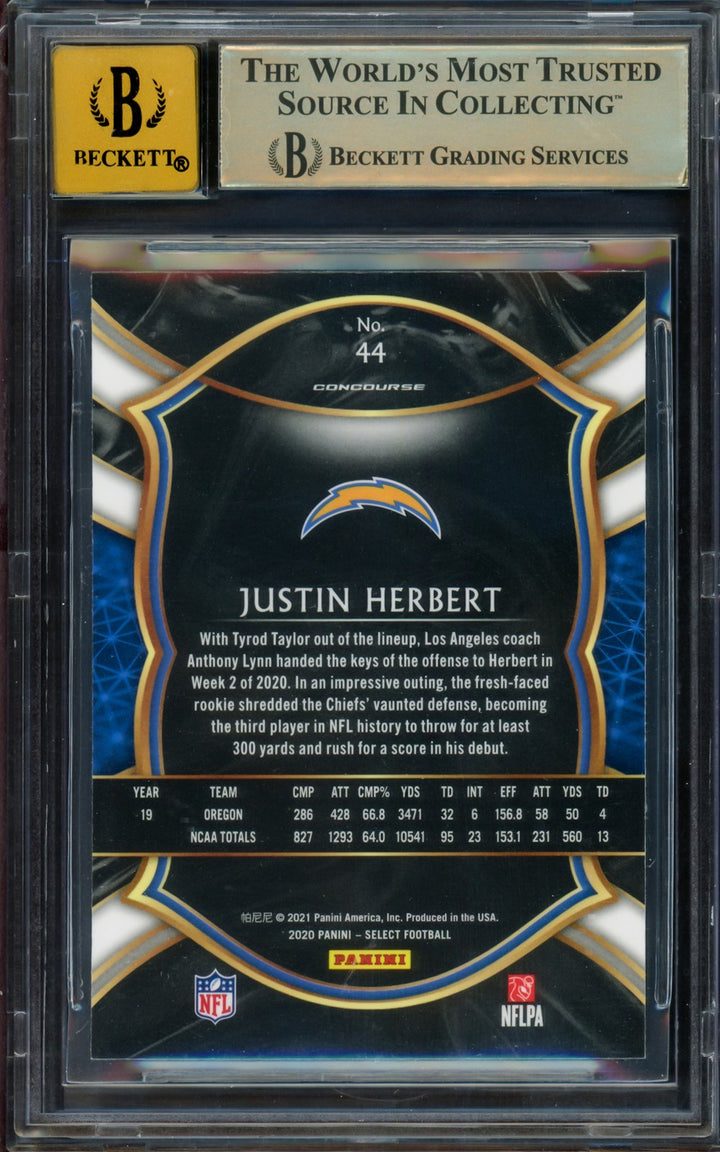 Justin Herbert Signed 2020 Select RC 44 Chargers BGS 9.5 Auto GM 10 Beckett