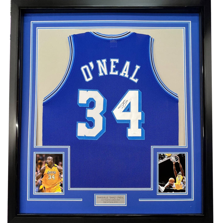 FRAMED Signed SHAQUILLE SHAQ O'NEAL 35x39 LA Blue Jersey JSA COA