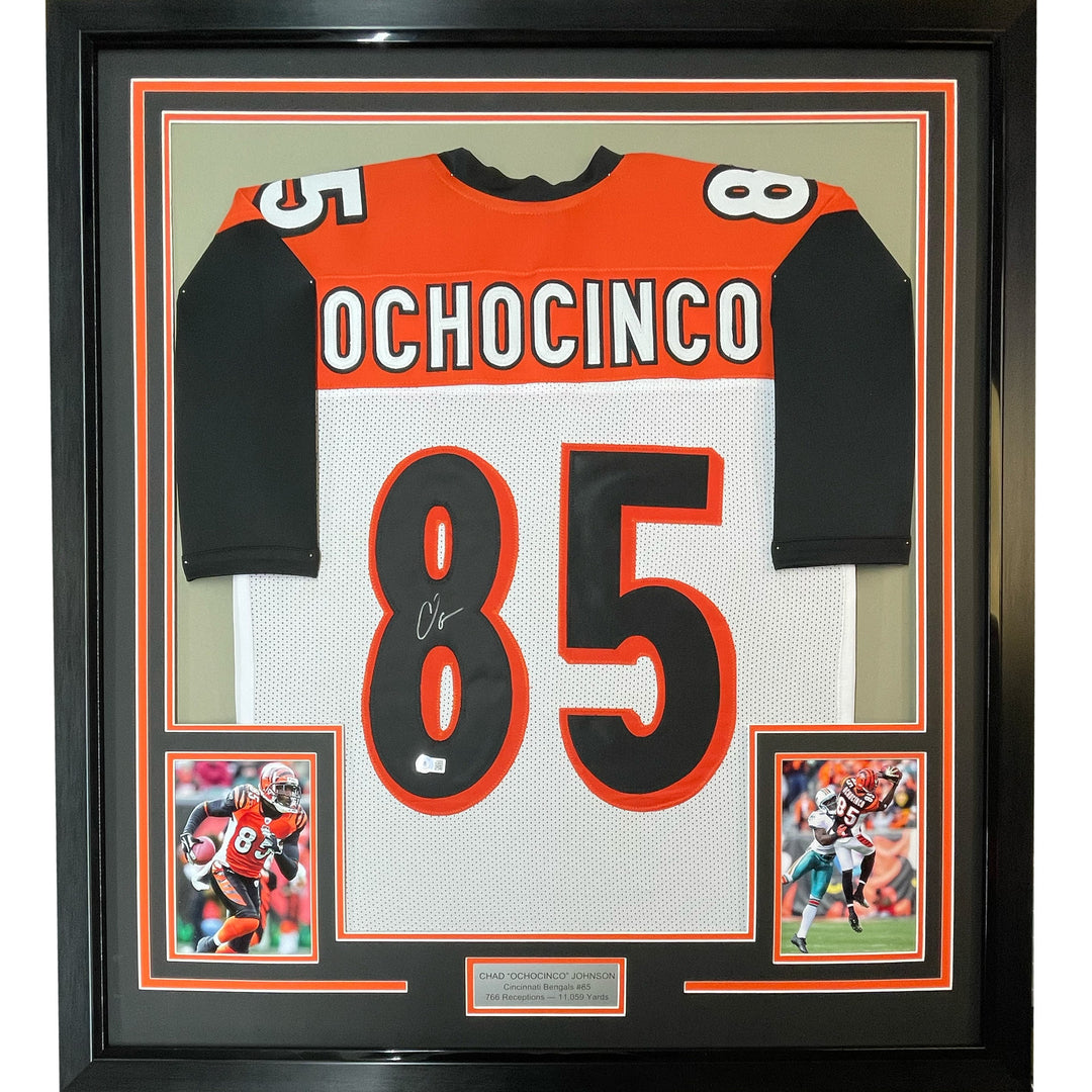 FRAMED Autographed/Signed CHAD OCHOCINCO Johnson 33x42 White Jersey JSA COA Auto