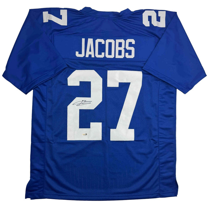 Autographed/Signed Brandon Jacobs New York Blue Football Jersey Beckett BAS COA