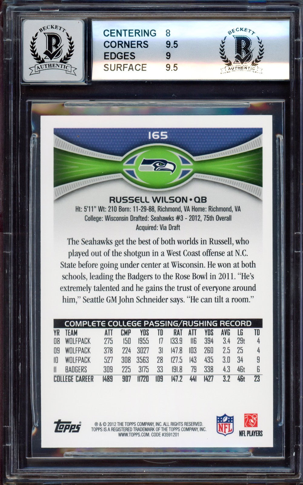 Russell Wilson Signed 2012 Topps RC 165A Seahawks BGS 8.5 Auto GM 10 Beckett