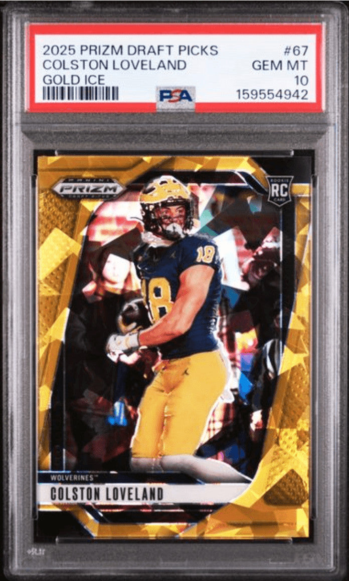 Graded 2025 Prizm DP Colston Loveland #67 Gold Ice RC Football Card PSA 10