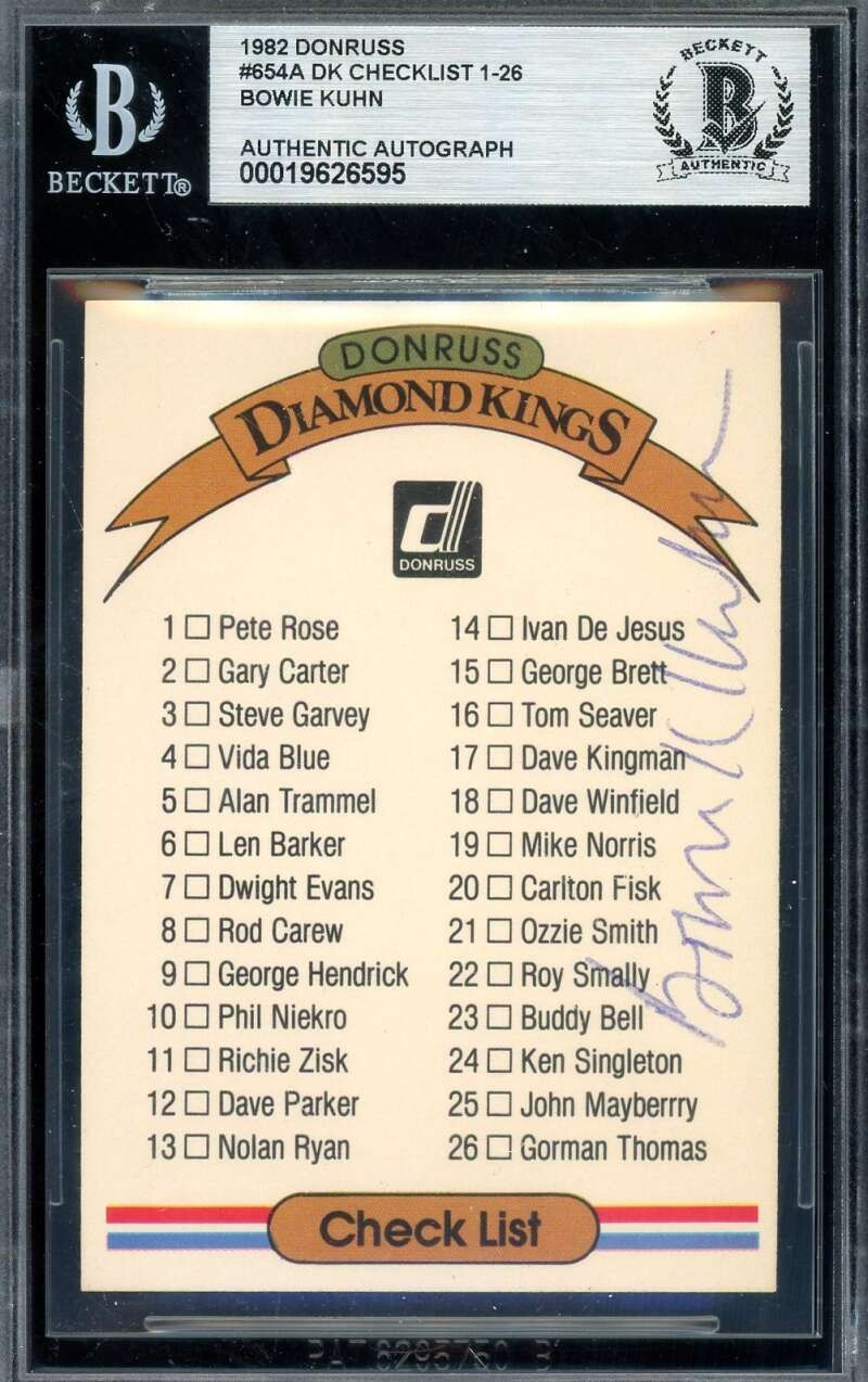 Bowie Kuhn Beckett BAS Signed 1982 Donruss Diamond Kings Checklist Autograph