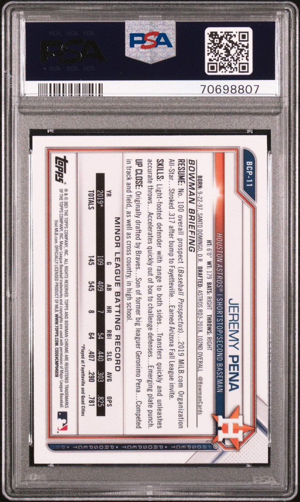 Graded 2021 BWM Sapphire Jeremy Pena #BCP11 Chrome Pros RC Baseball Card PSA 10
