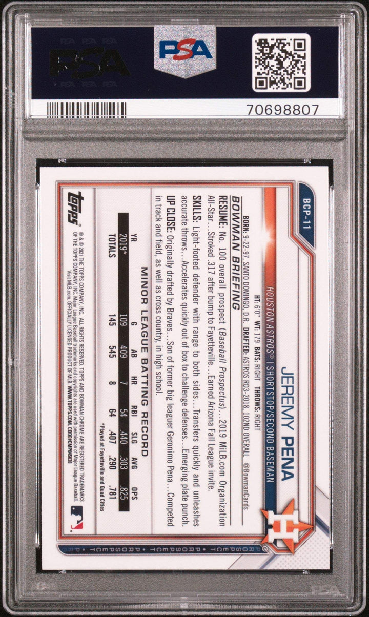 Graded 2021 BWM Sapphire Jeremy Pena #BCP11 Chrome Pros RC Baseball Card PSA 10