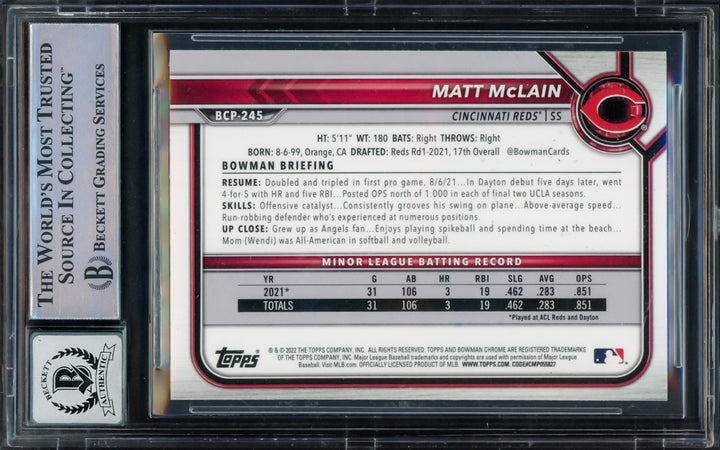 Matt McLain Signed 2022 1st Bowman Chrome RC BCP245 Reds Auto GM 10 Beckett