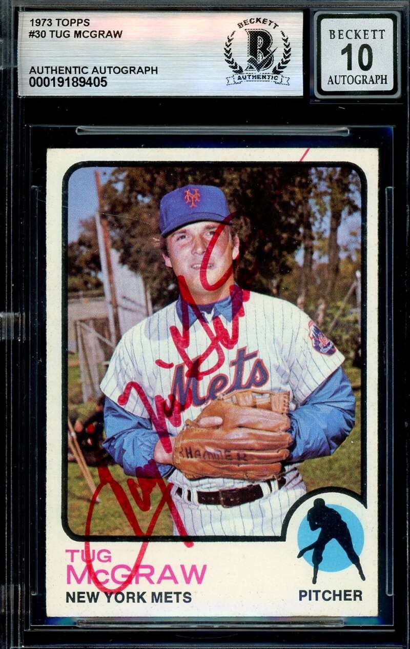 Tug McGraw Gem Mint 10 Beckett BAS Signed 1973 Topps Autograph Mets