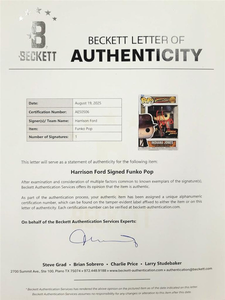 Harrison Ford signed Indiana Jones Funko Pop Figure 1385 autograph ~ Beckett BAS