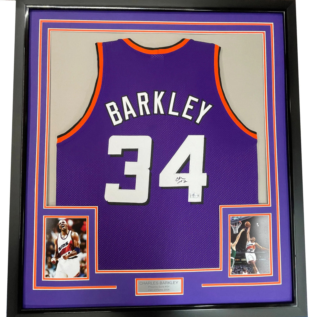 Framed Facsimile Autographed Charles Barkley 33x42 Purple Reprint Auto Jersey