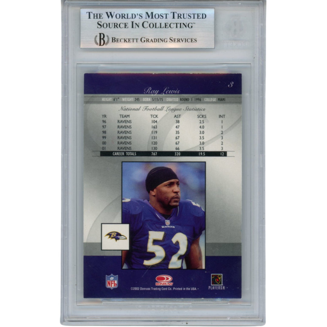 Ray Lewis Autographed 2002 Donruss Elite #3 Trading Card Slab Beckett 53468