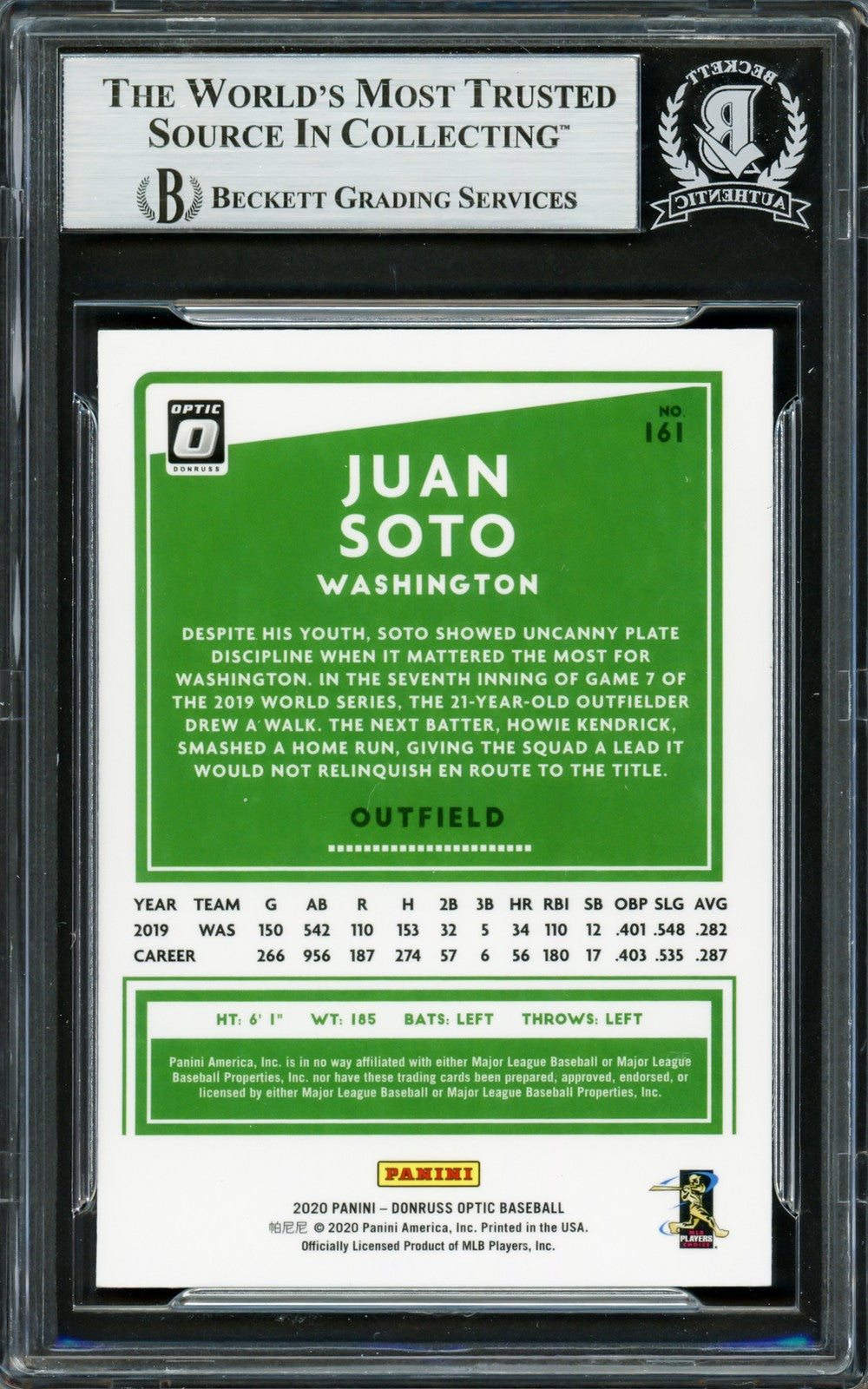 Juan Soto Autographed Signed 2020 Donruss Optic Card 161 New York Mets Beckett