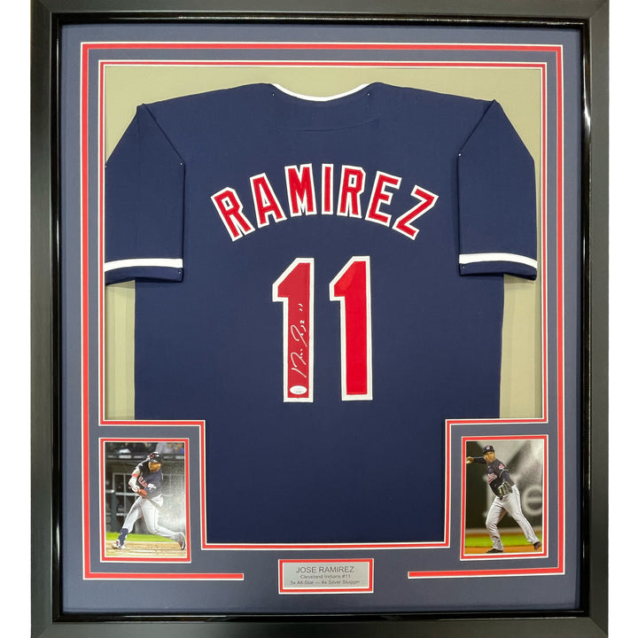 FRAMED Autographed/Signed JOSE RAMIREZ 33x42 Cleveland Blue Jersey Beckett COA