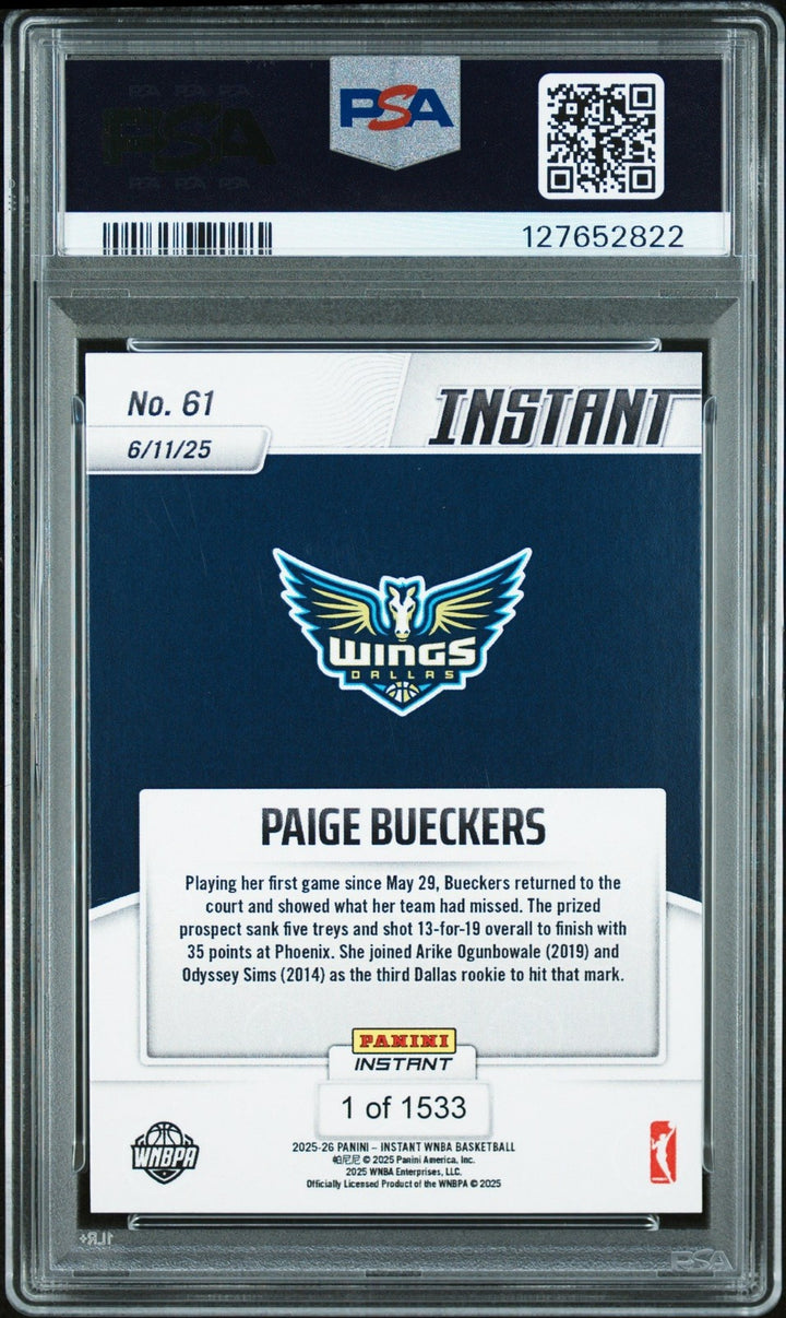Graded 2025 Panini Instant WNBA Paige Bueckers #61 Rookie Card PSA 10 Mint